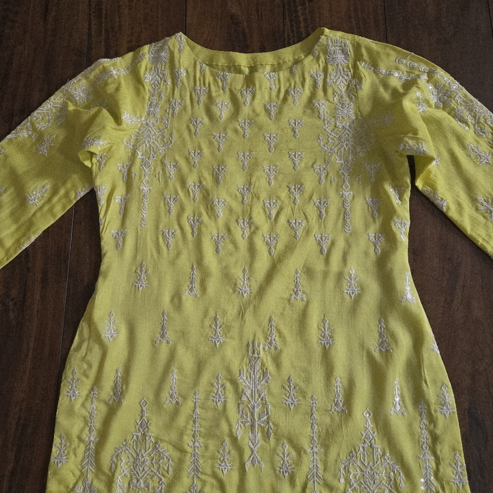 Embroidered Lime Yellow Top Shirt Long Kurti Cotton Silk Organza Size S/M - Picture 7 of 11